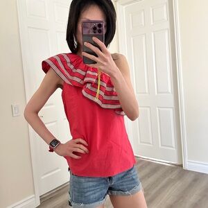 Vibrant Pink Asymmetrical Tarzan, One Shoulder Ruffled Tank Top